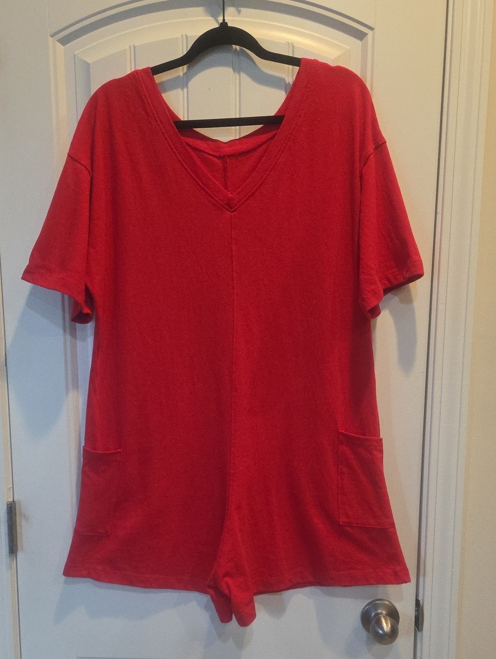 V-Neck Or Scoop Neck Reversible Short Sleeve Red Romper with Pockets